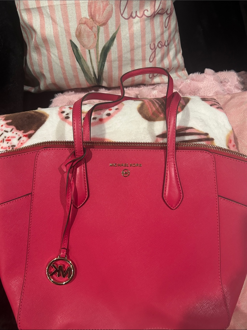 Michael Kors Pink Saffiano Leather Shoulder Tote with Gold-Tone Charm